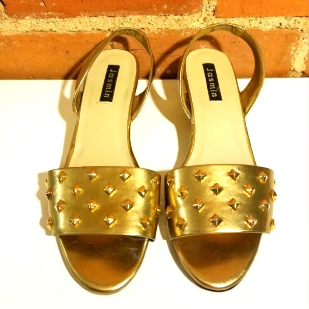 VINTAGE METALLIC GOLD SANDALS STUDDED 80S SLINGBACKS OPEN TOE 70S SUMMER BEACH